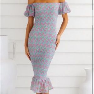 Baby Blue and Pink Floral Midi Dress